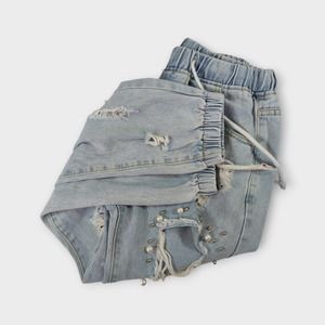 Hand Made Custom Womens Pearl Bedazzled Ripped Light Blue Jeans 24in W